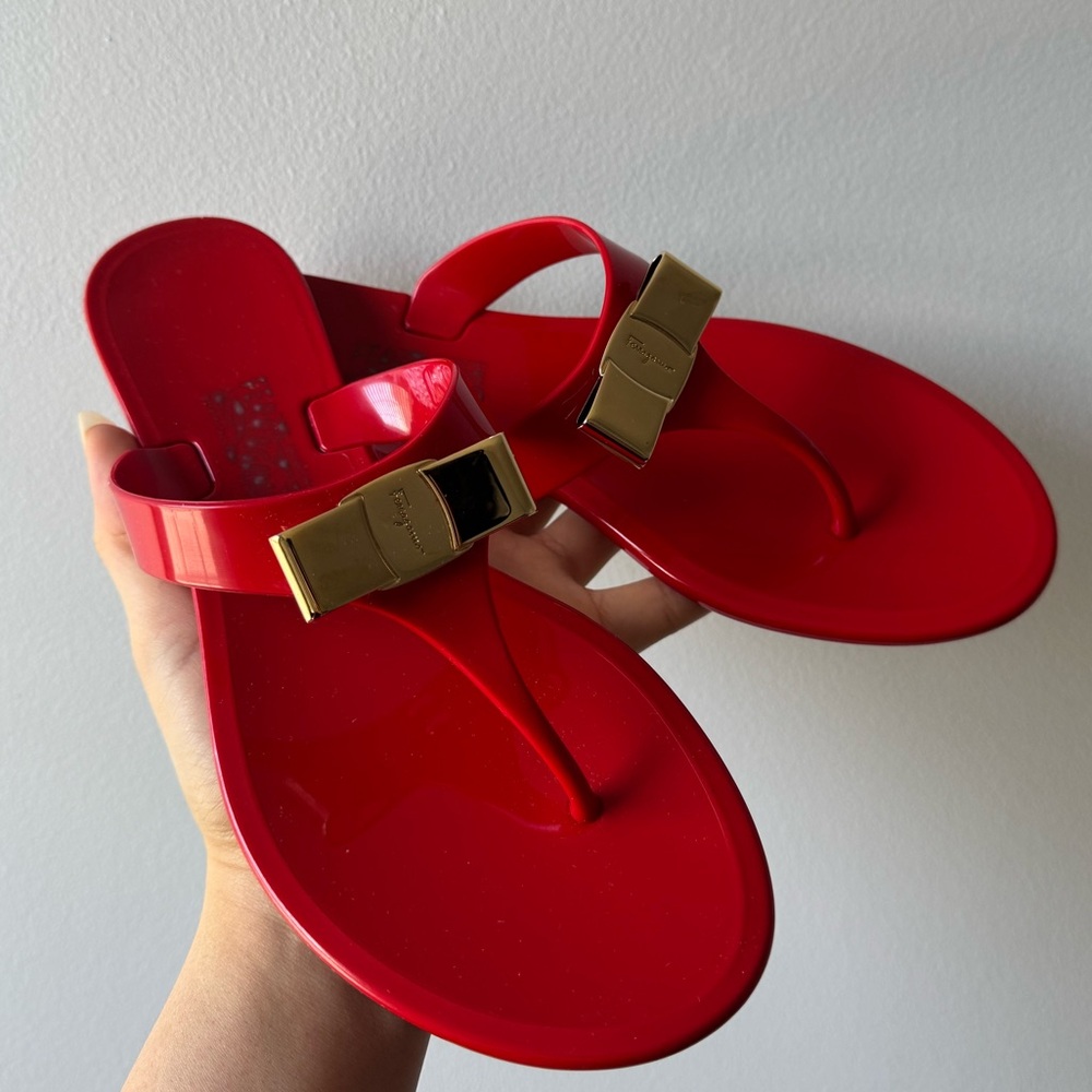 Salvatore Ferragamo Red Jelly Women Thong Sandal Gold Hardware 6